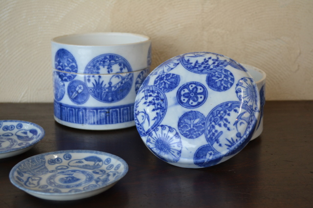 江戸期 亀山焼 染付 重箱 箱付 江戸期 亀山焼 染付 重箱 箱付 江戸期