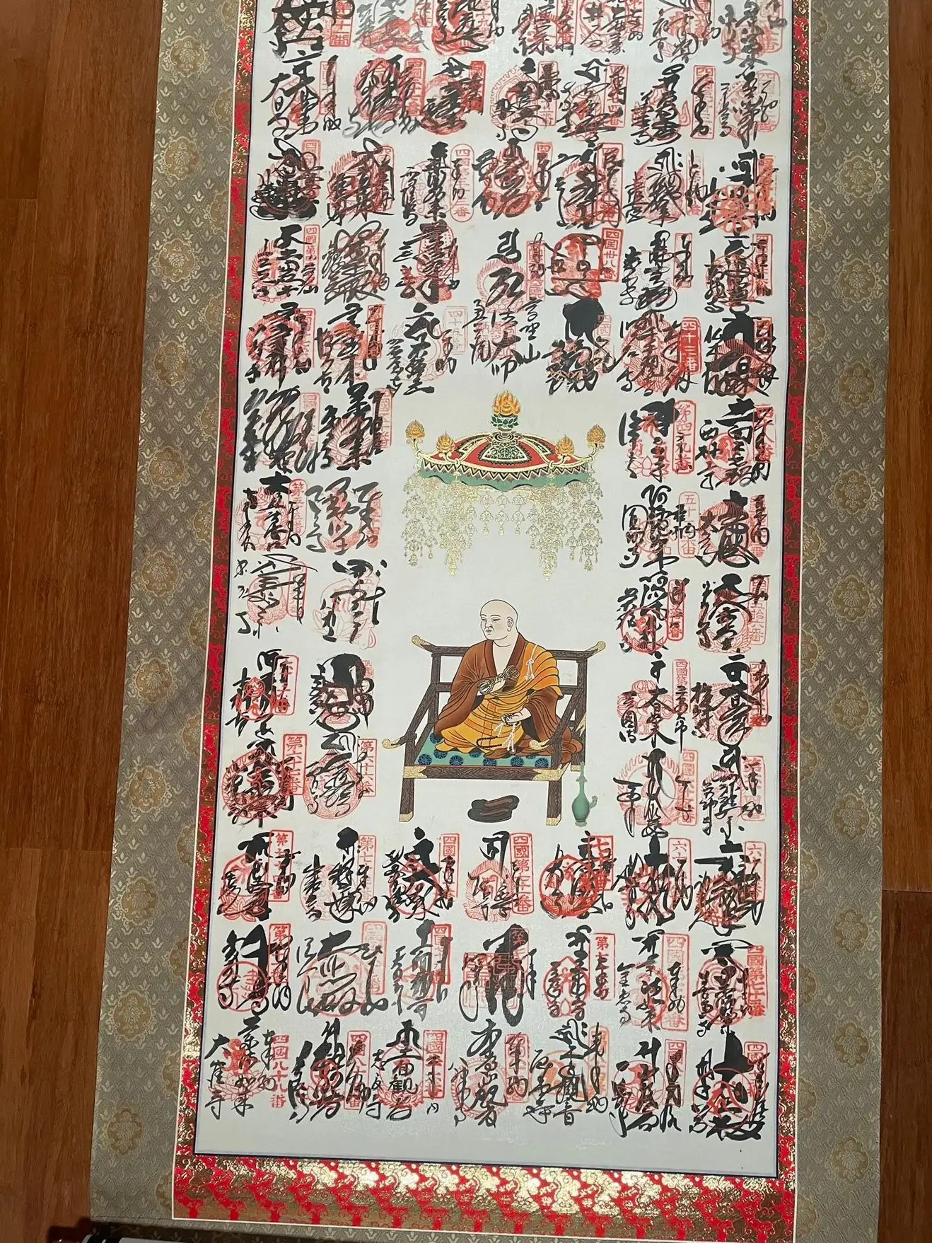 Japanese Pilgrimage Silk Scroll Lohan Buddha Brilliant Colors, 74