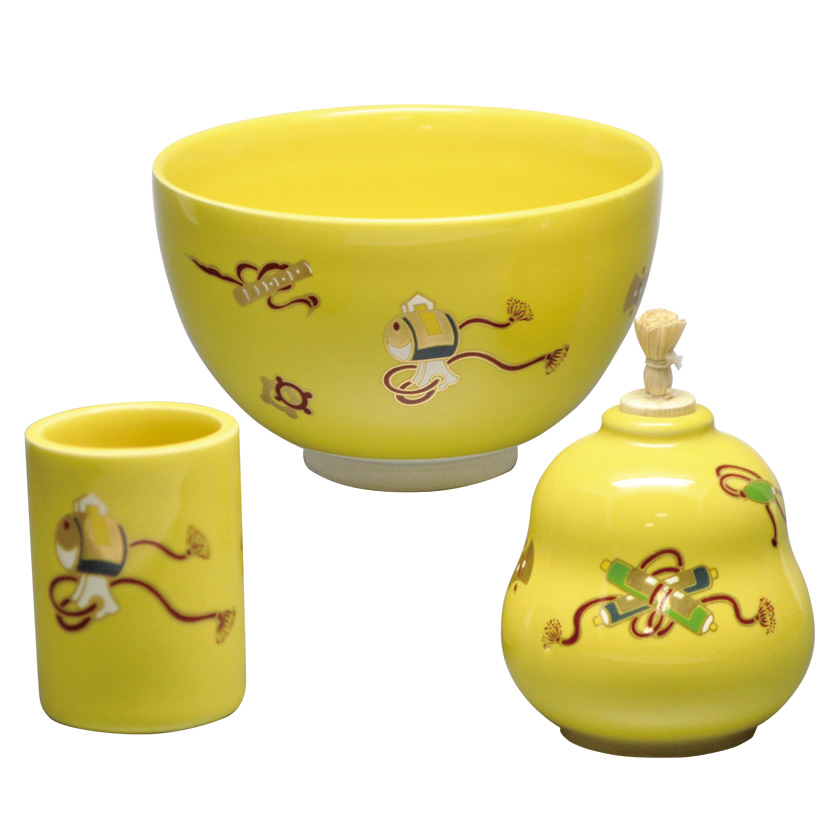 N872 茶箱 『溜塗』『松橋蒔絵』『黄交趾茶器三点揃』 紙箱 茶道具