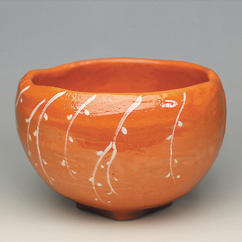 抹茶茶碗桃型赤楽了入「桃柳」写し吉村楽入