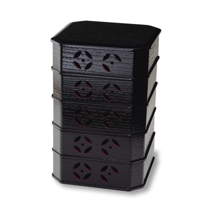 茶道具 縁高（ふちだか） 縁高重 掻合塗 七宝透 五客 中村湖彩