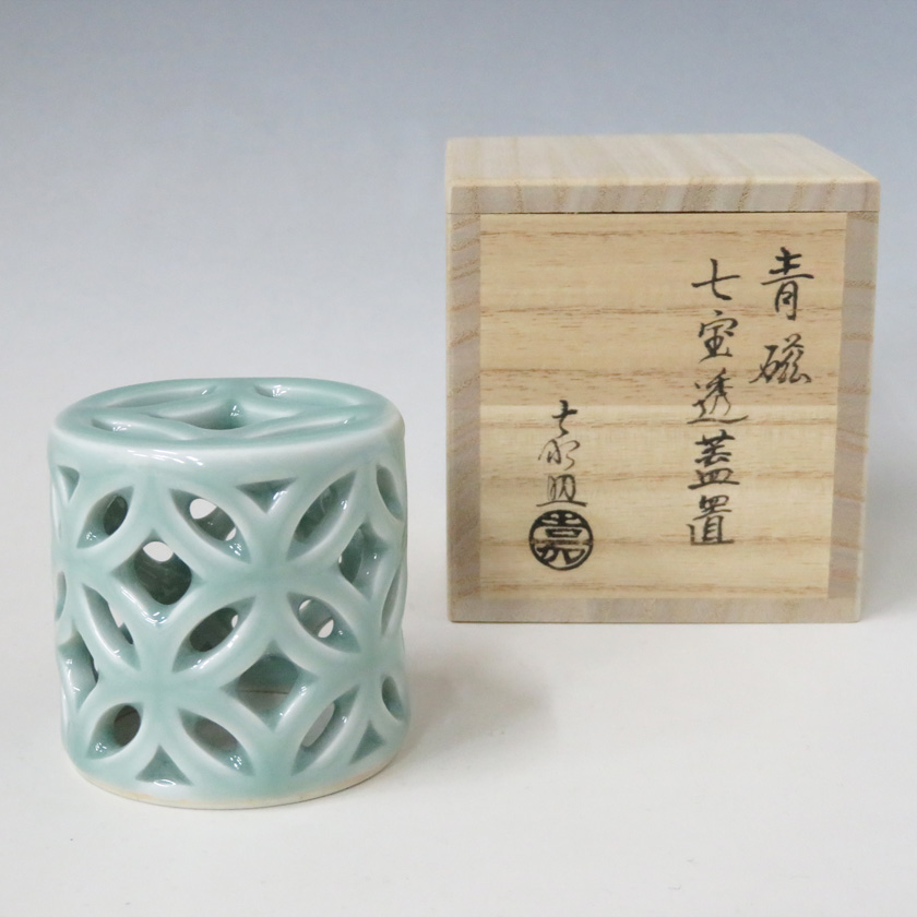 M787 蓋置 『膳所焼』『淡海ぜぜ』『表千家 久田宗也 箱書』 共箱