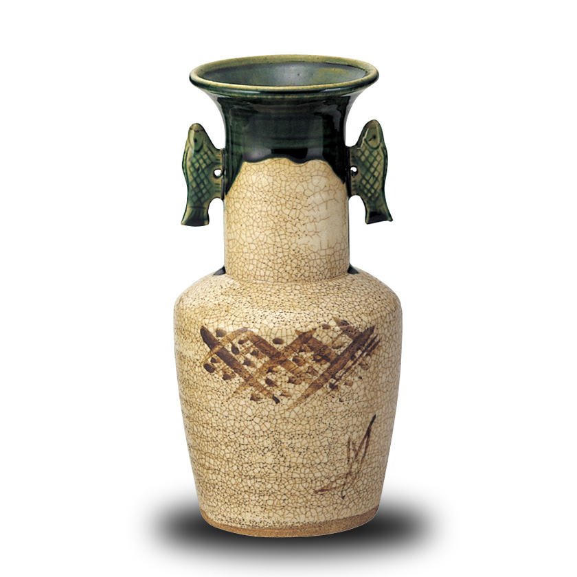 備前焼 耳付 胡麻でき 花瓶 花入 陶印あり 作者不明 箱無し 柴岡