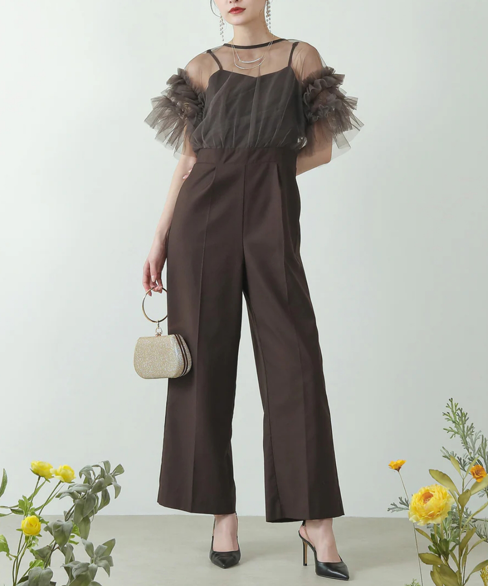 Mサイズ】チュール ティアードフリル ハイウエスト パンツドレス 結婚