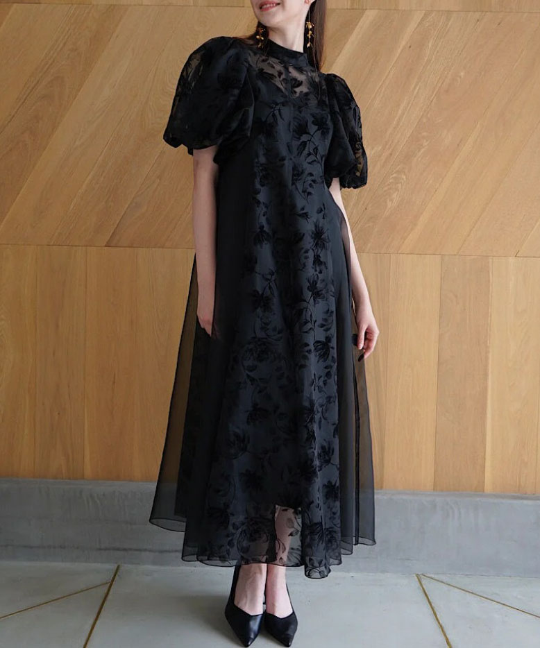 1サイズ】puffy sheer flower dress (black) Acka.（エーシーケーエー