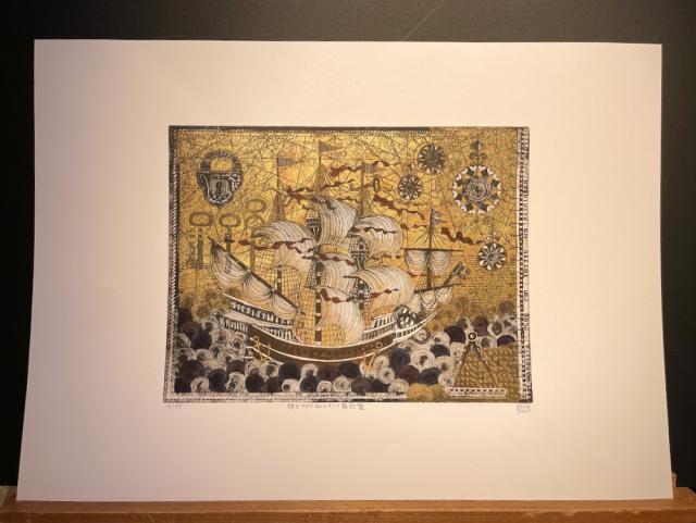 坪内好子 象と帆船のコンポジション 金箔＋銅版画＋手彩色32.5㎝×21.5