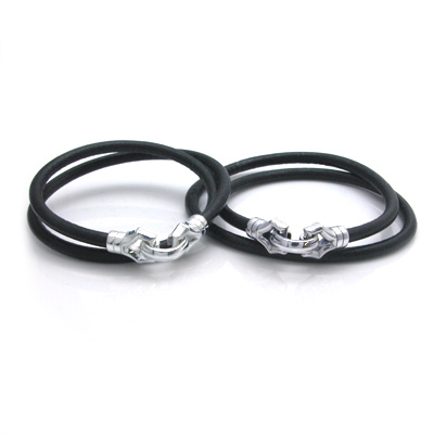 ペア】丸革レザーブレスレット（ブラック）×シルバー ペアブレスレット