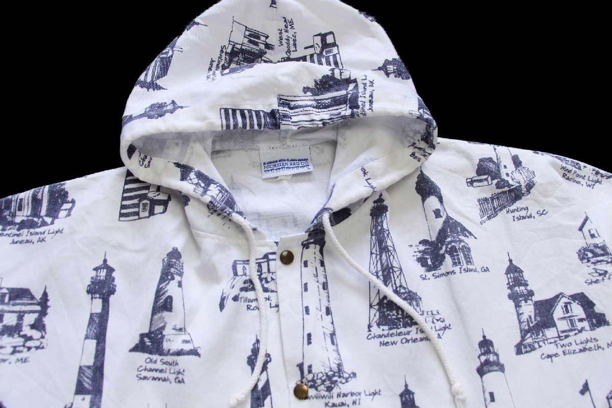 90s USA製 MICHIGAN RAGミシガンラグ 灯台 総柄 パーカー L/XL☆特大