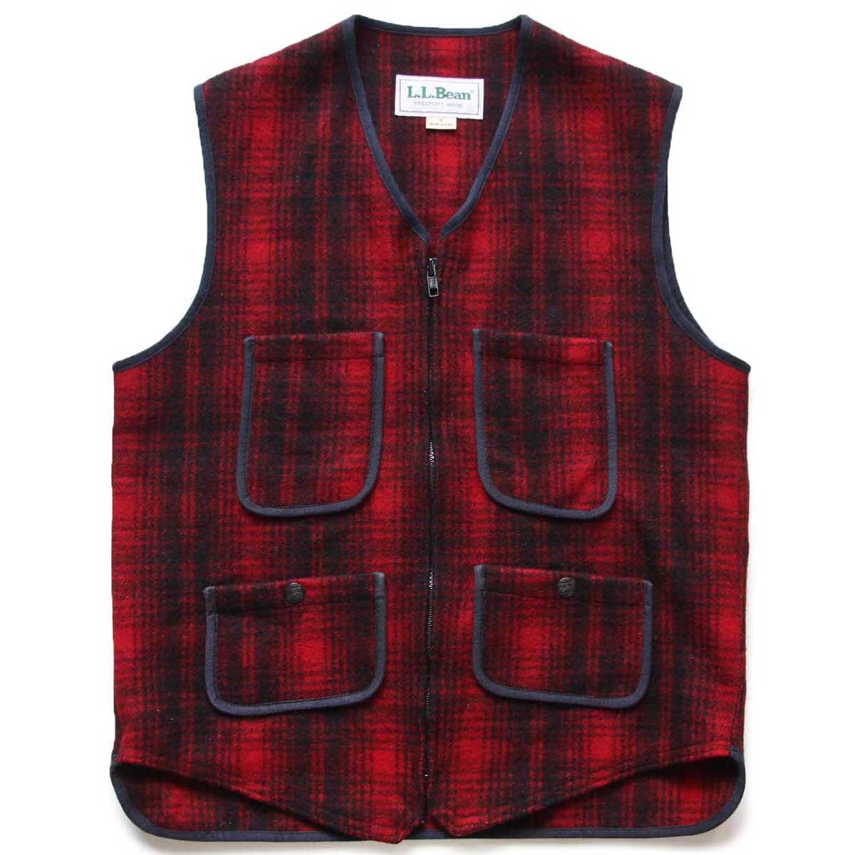 90s USA製 L.L.Bean オンブレチェック ウールベスト 赤×黒 W-S