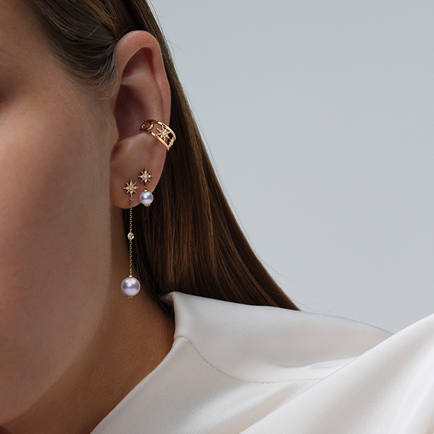 STARJEWELRY K18 刻印ありパール 星型チャーム付き チェーンピアス 18