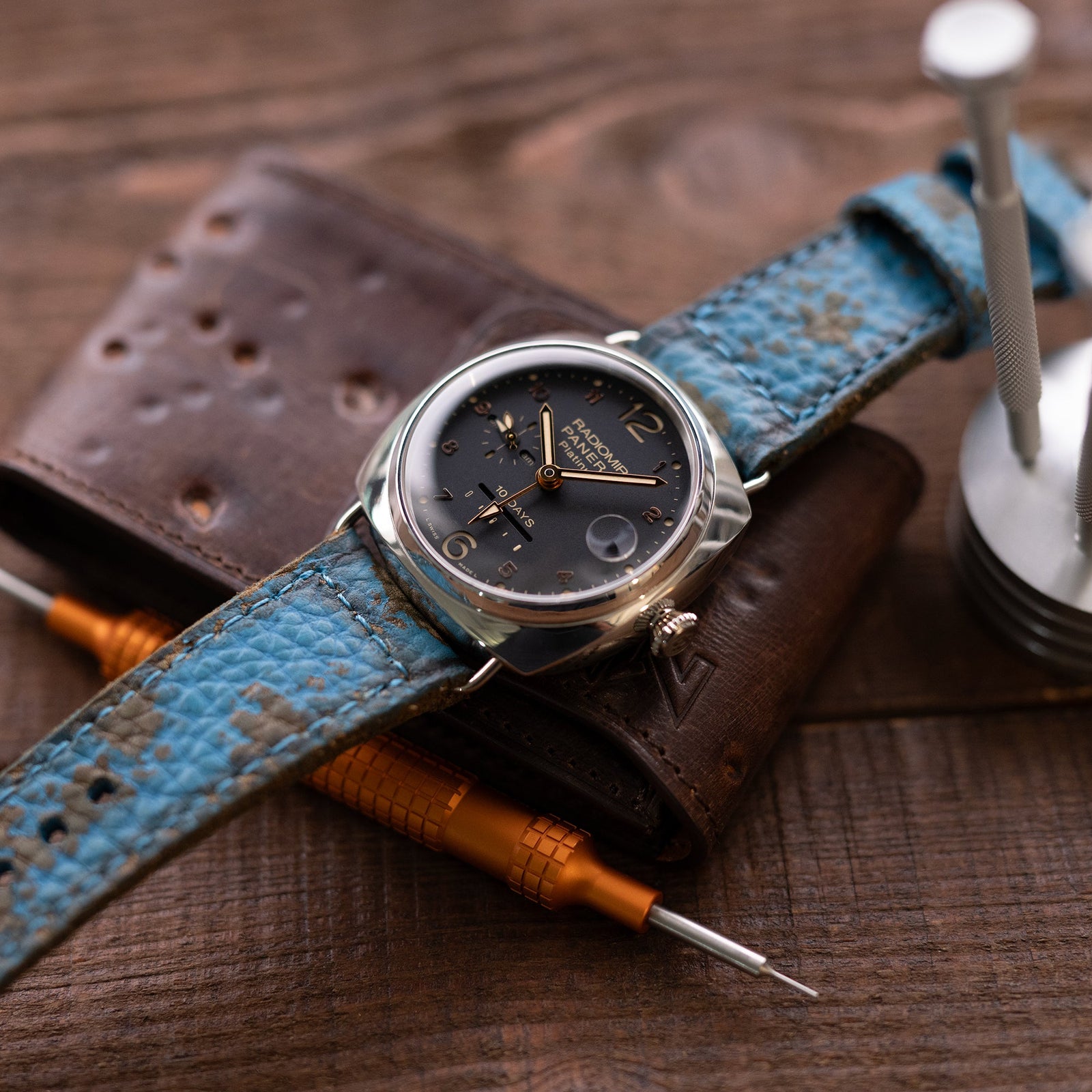 26mm Gunny X MT Coral Blue Handmade Leather Watch Band | Strapcode