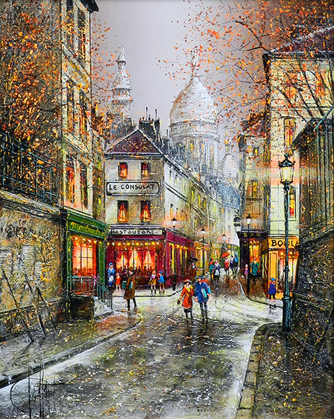 名品フランス画家ファルシーの冬のパリモンマルトル通り6号油彩画 パリの