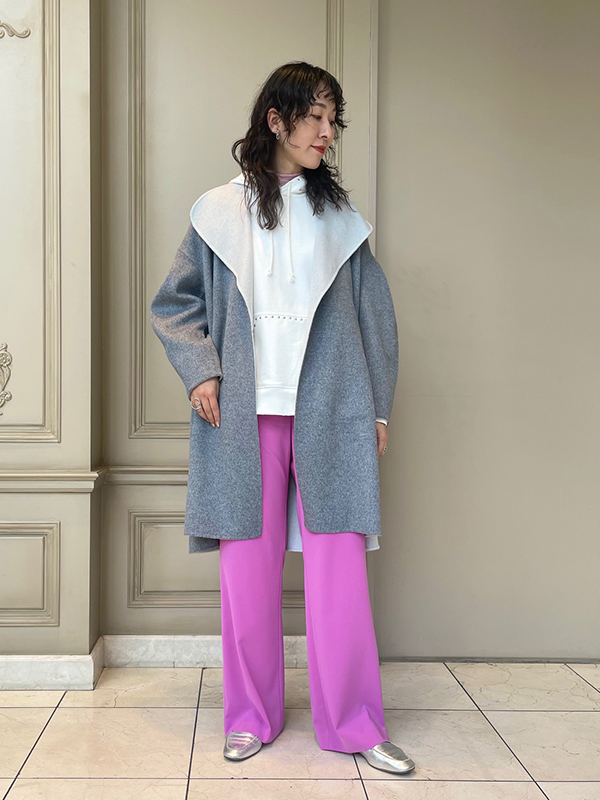 ENFOLD ウール ノーカラー リバー ロングコート グレー × 緑 36 人気