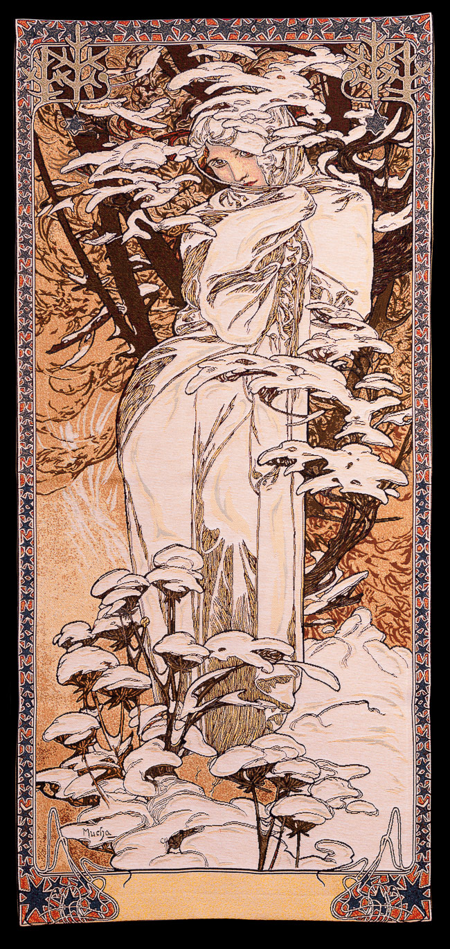 大判 Alphonse Mucha ガラス絵の冬 - 四季 絨毯 額入アート 大判