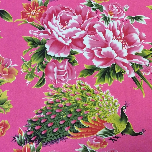 80年代風レトロ花布／ピンク地に金魚孔雀牡丹/ダブル幅/50cm単位[fab