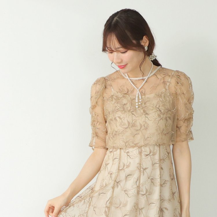パーティードレス 結婚式 ボレロセット刺繍レースドレス（ベージュ）