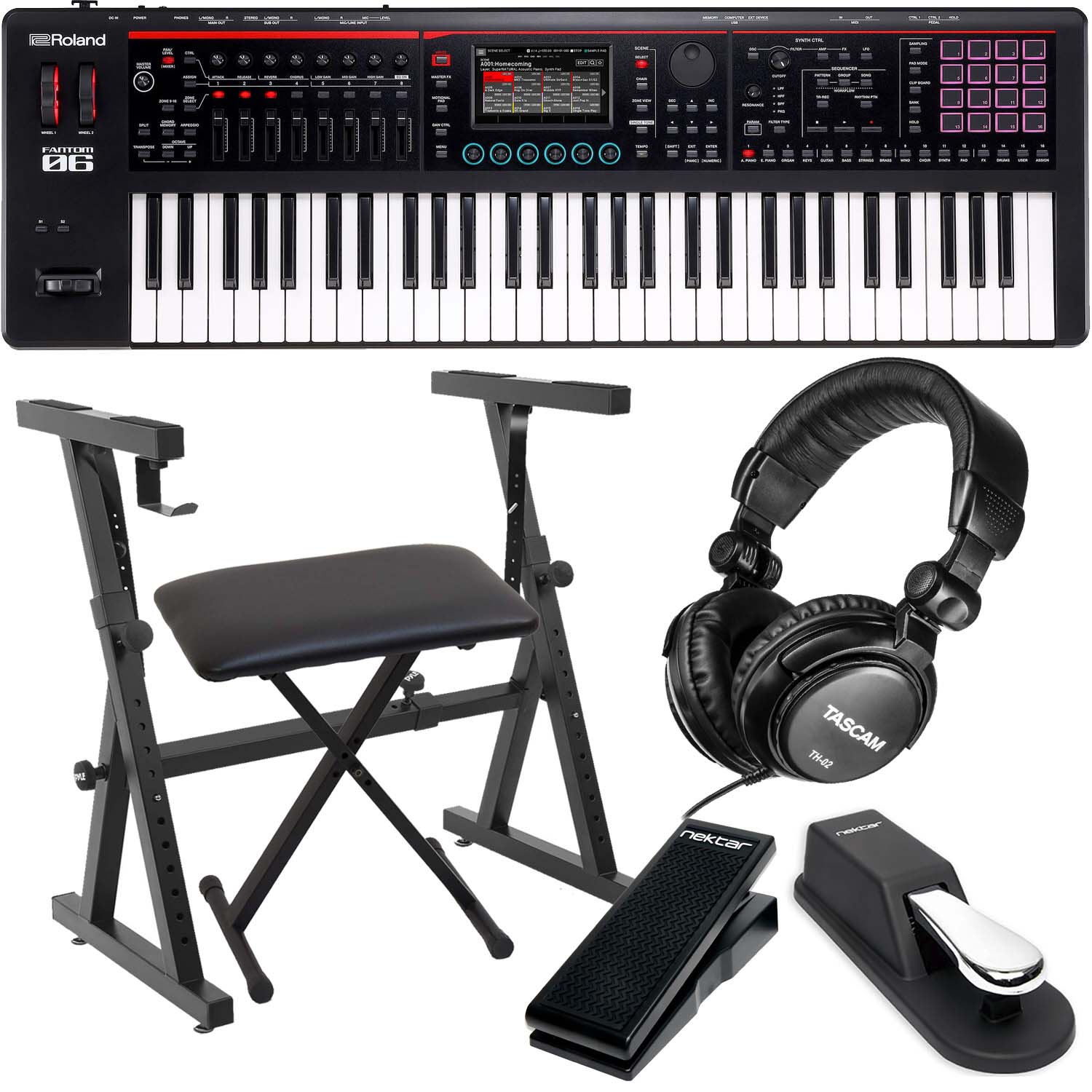 Roland Fantom-06 61-Key Keyboard, Stand, Bench, Sustain