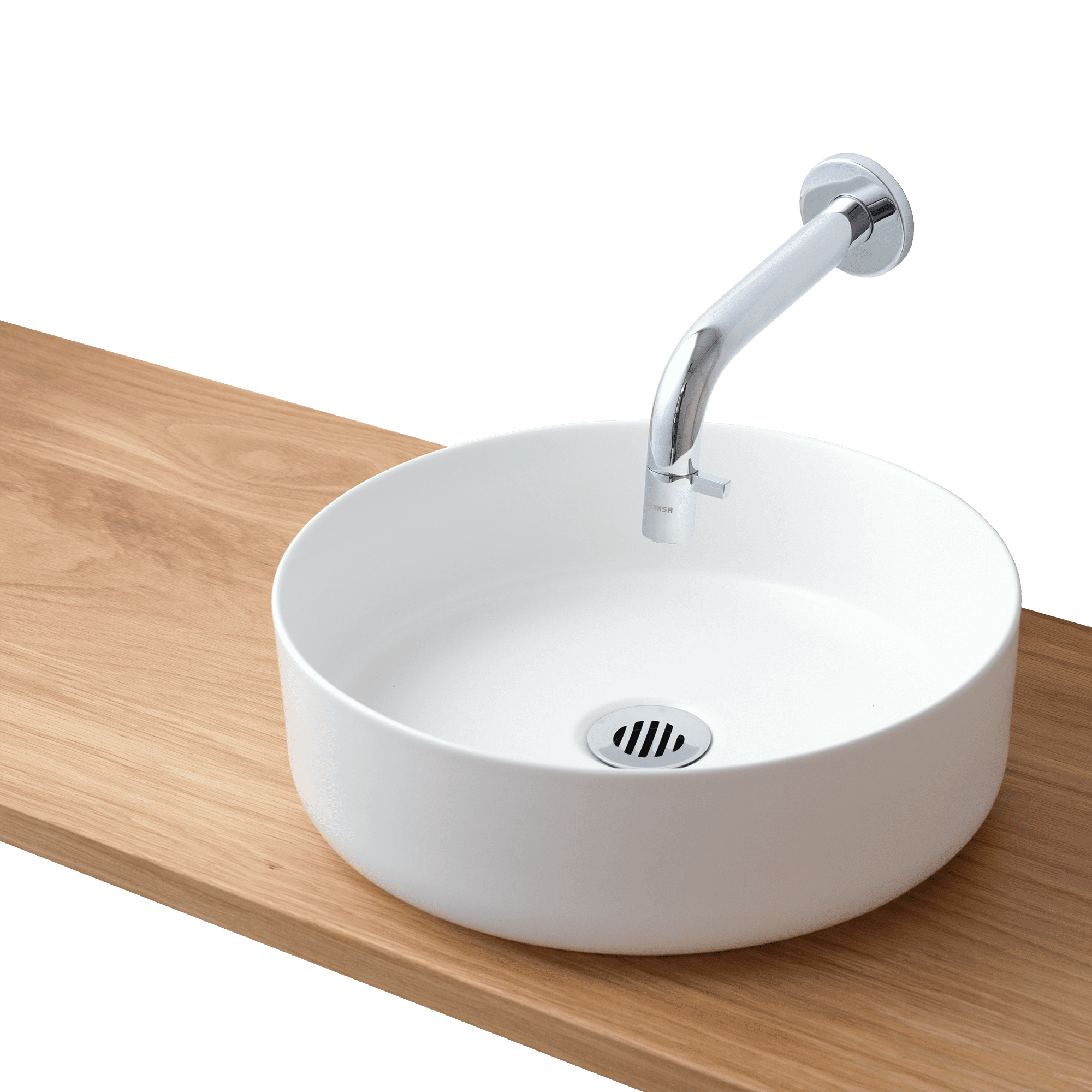 木の手洗いカウンター 陶器の手洗い器 丸350 壁水栓用 | KB-PR013-03