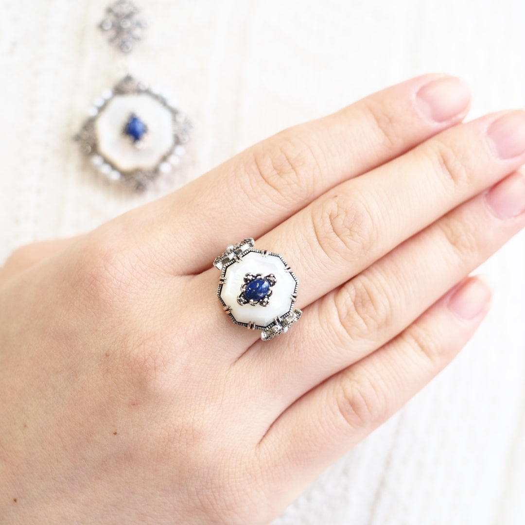 SV ラピスラズリ＆白蝶貝 レースブローチペンダント – 碌山ショップ