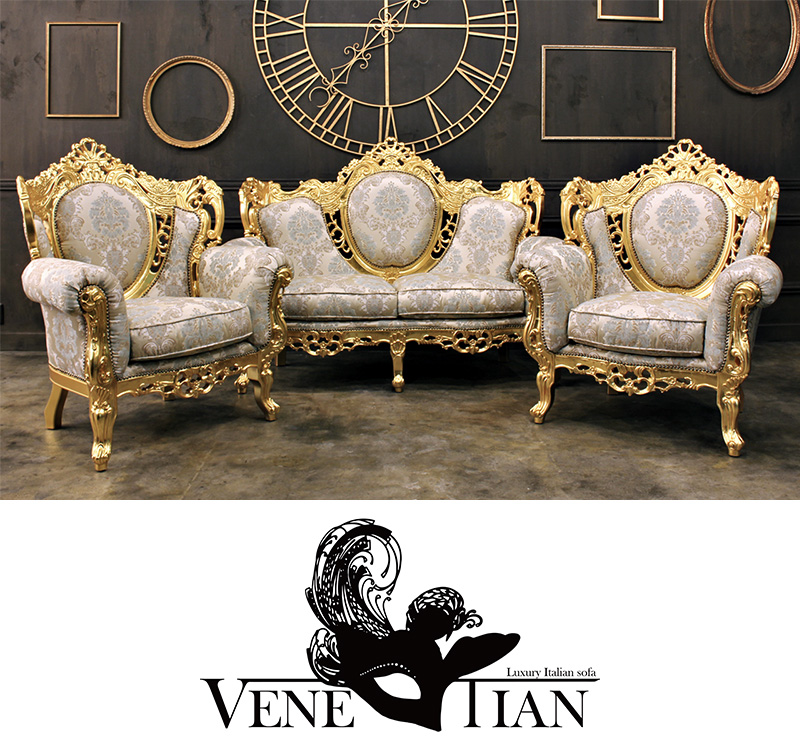 ヴェネチアン 3人掛けソファ ゴールドxブラックベルベット 布地 1011-3