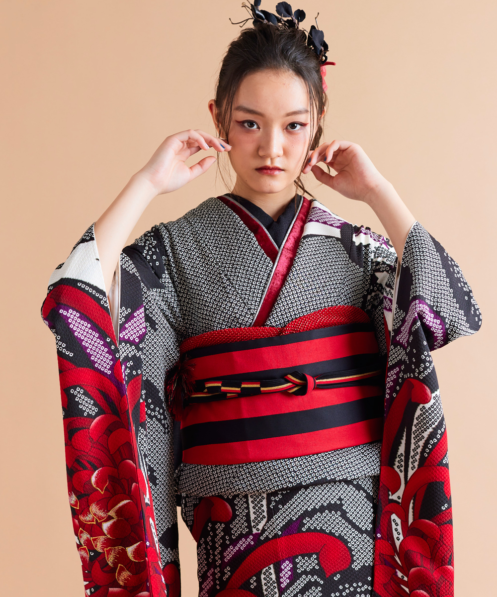 A 振袖 袷 正絹 黒地 お姫様 御所車 菊 菖蒲 着物 和装 和物 成人式 A