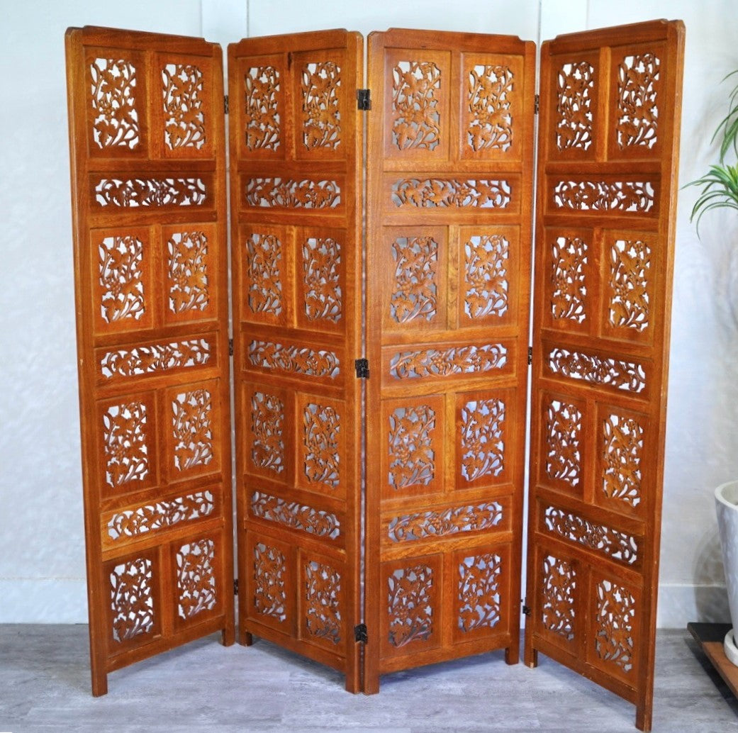 アジアン家具 4連パーテーション 透かし彫り 衝立 間仕切り 彫刻