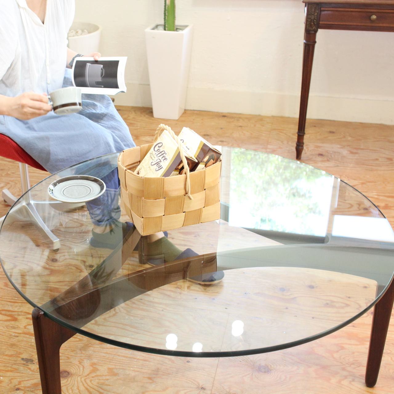 ヴィンテージ コーヒーテーブル ローズウッド x スモークガラス サイド