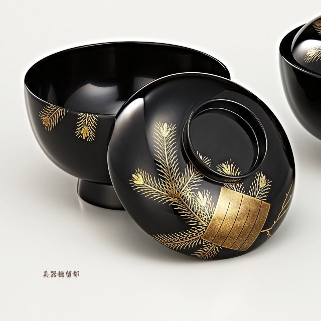 A852 木製輪島塗高級黒塗宝尽紋様蒔絵吸物椀煮物椀5客