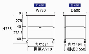 耐薬品天板実験作業台ワゴン台車(W750×D600×H738mm棚板2枚付)/M651KTC