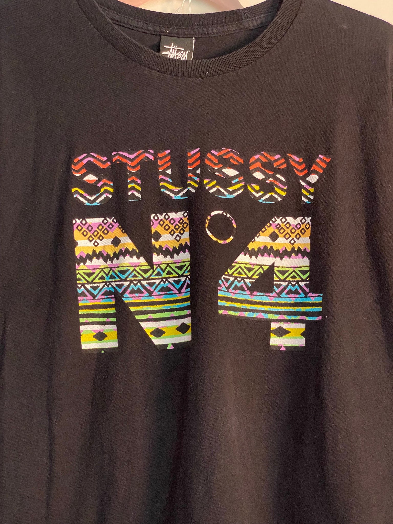 RARE Vintage Stüssy N 4 Black XL T-Shirt / 80s 90s 2000s Graphic