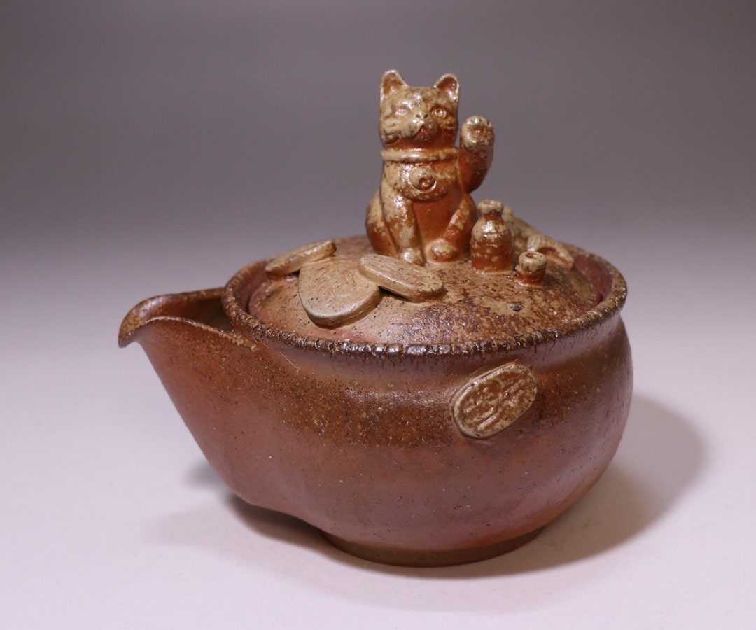 備前焼 名工 小西陶古作 青備前 三足 透蓋付香炉 共箱