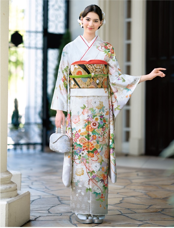 ☆着物10☆ 1円 絹 振袖 金駒刺繍 金彩 桜 襦袢セット 袷