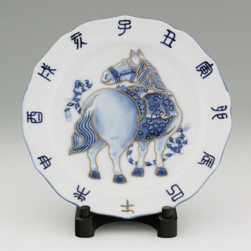 青い馬の絵柄の陶器皿 古染付 馬の絵柄 午年 青い