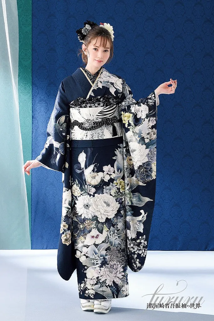 振袖フルセット 紺色 落ち着いたシンプルな振袖