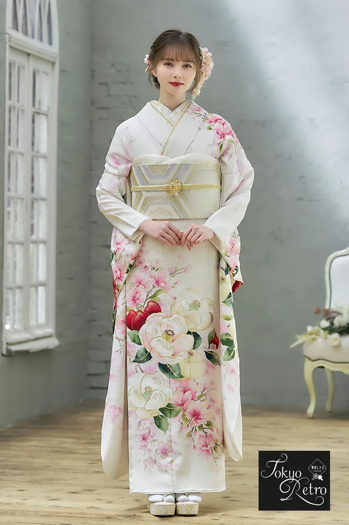 東京レトロ 白ピンク 椿柄 かわいい モダン 古典調 マーシュ彩【通販可