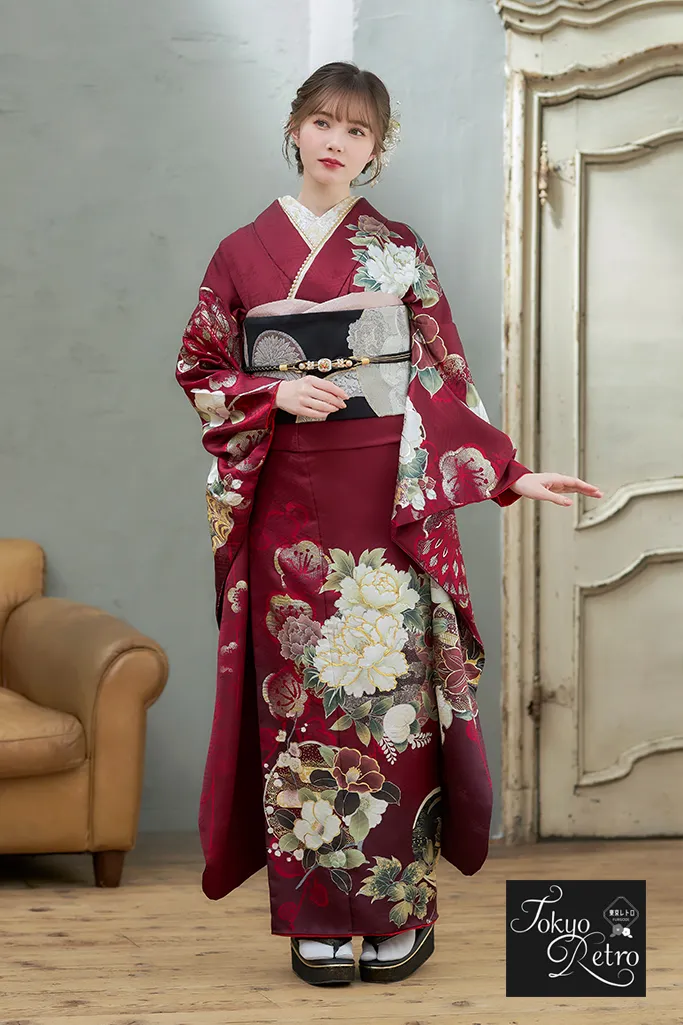 東京レトロ ワインレッド/エンジ 牡丹柄/椿柄 シック 大人っぽい 古典