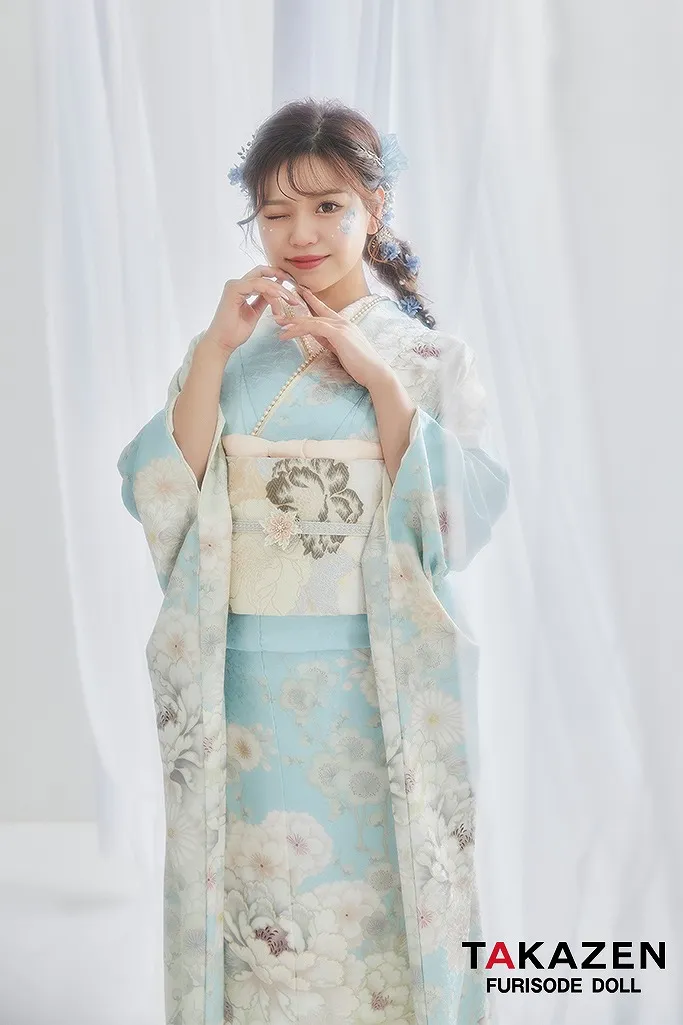 くすみカラー古典 水色/淡い色 牡丹柄 清楚 爽やか ワントーンコーデ