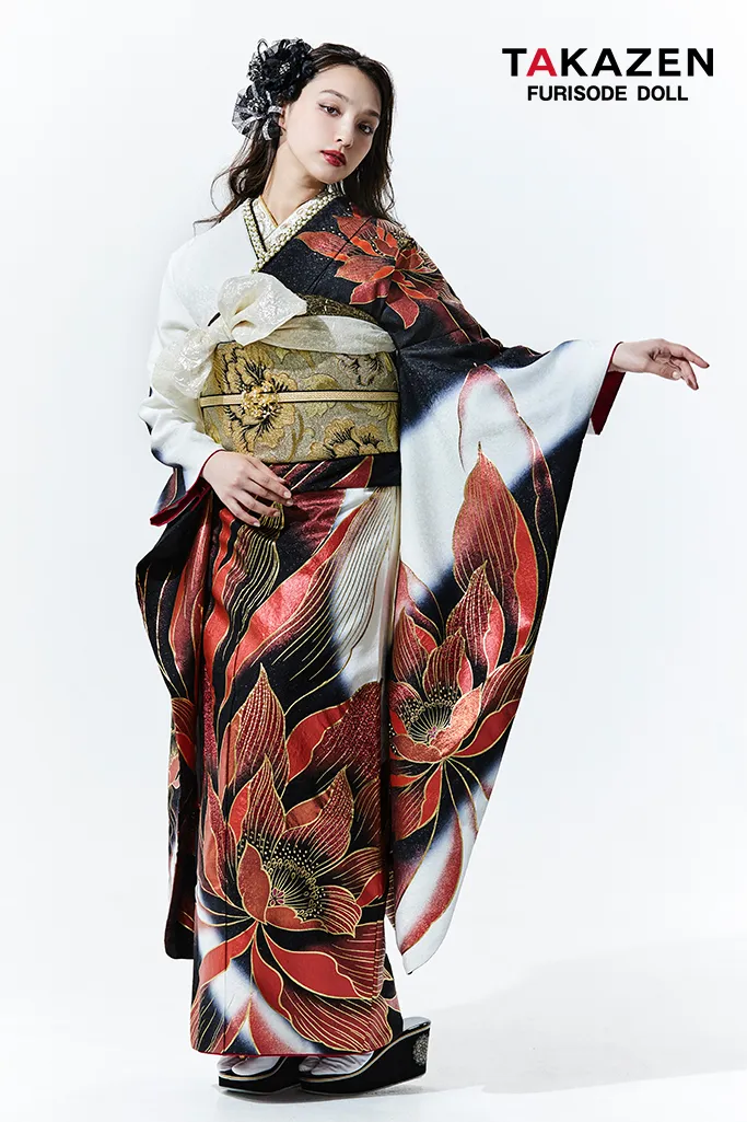 モード系 赤/白/黒 大柄/牡丹柄 かっこいい セクシー キラキラ振袖