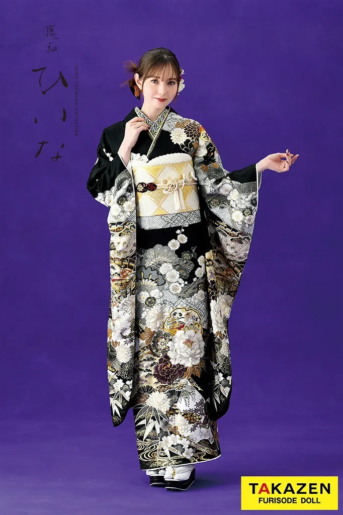 黒 熨斗 八重桜牡丹柄 振袖 身丈155 振袖 紫系 黒 白 桜 鞠 松