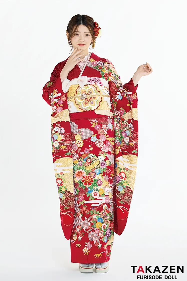 プレミアム古典 吉澤織物/最高級金彩手描友禅 赤 鞠柄 上品な振袖 清楚