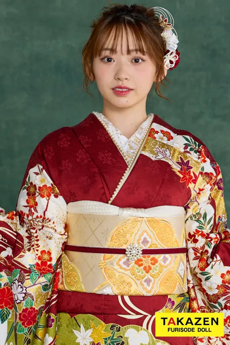 プレミアム古典 青柳/最高級金彩絞り手描友禅 エンジ 牡丹柄 大人っ