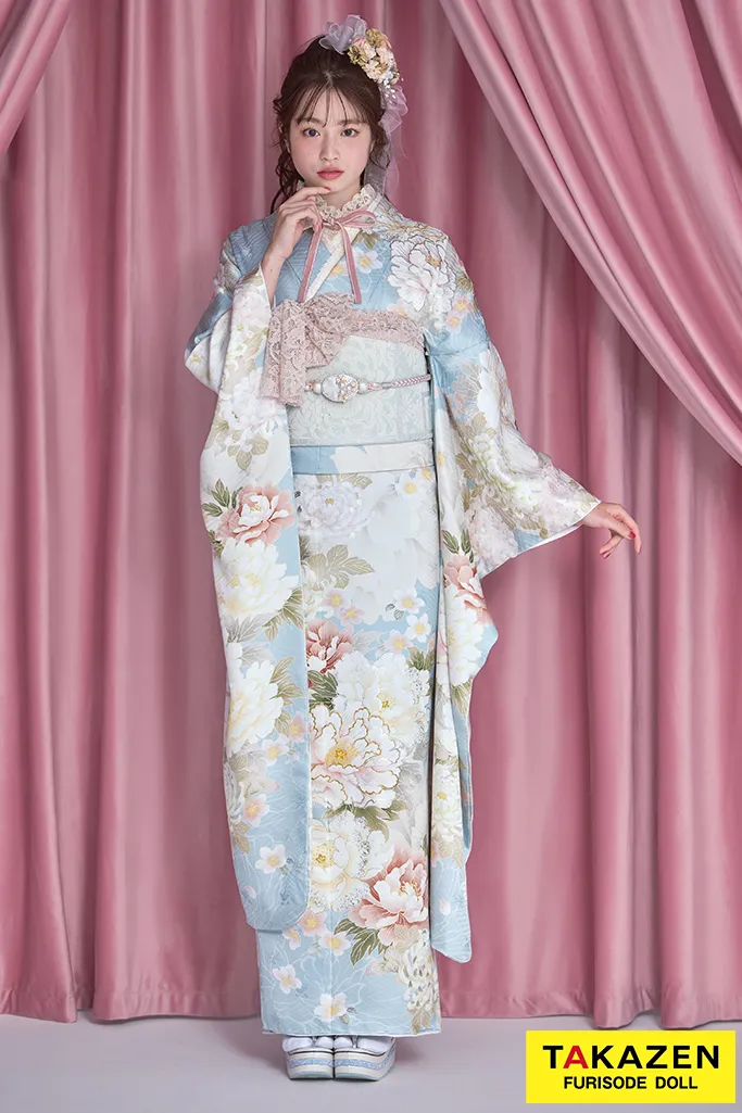 くすみカラーガーリー 水色/淡い色 牡丹柄 かわいい振袖 トレンド