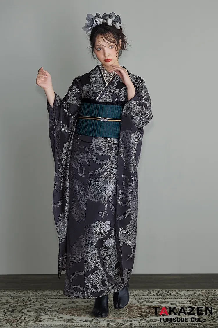 ヴィンテージスタイル 黒/グレー 鶏柄 大人っぽい かっこいい クール