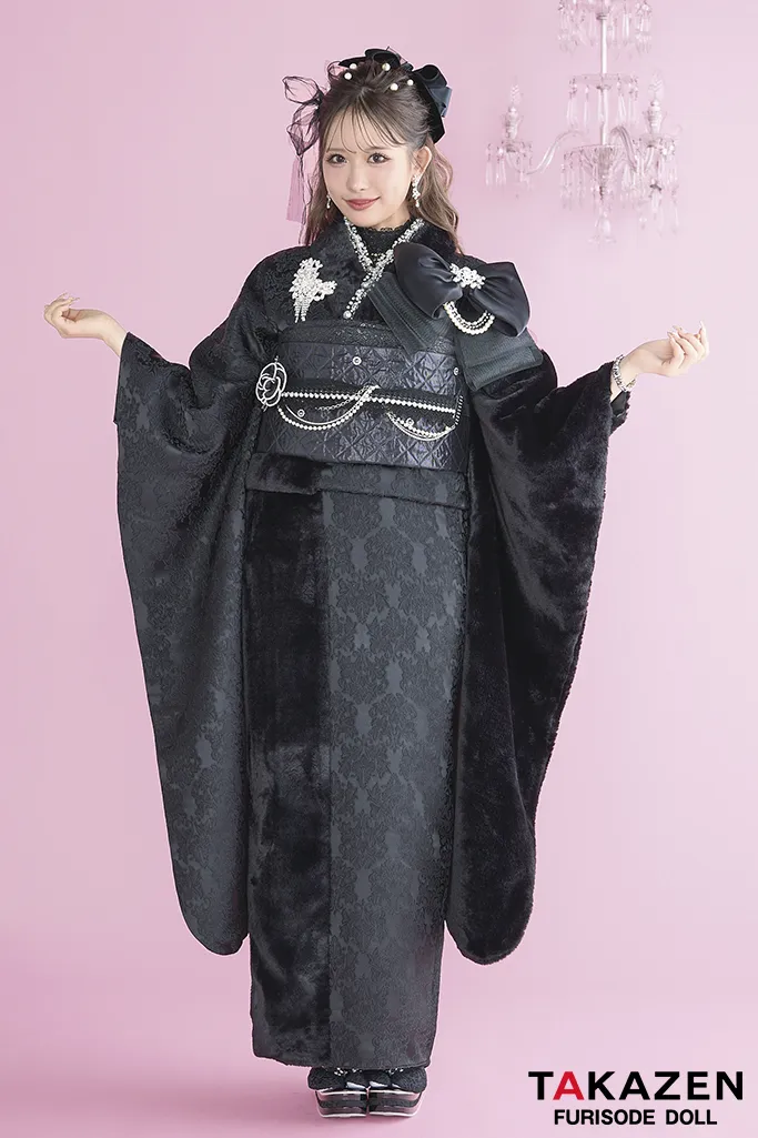 ヘップバーンシュシュ 黒 ファー/ジャガード生地 リボン・キラキラ