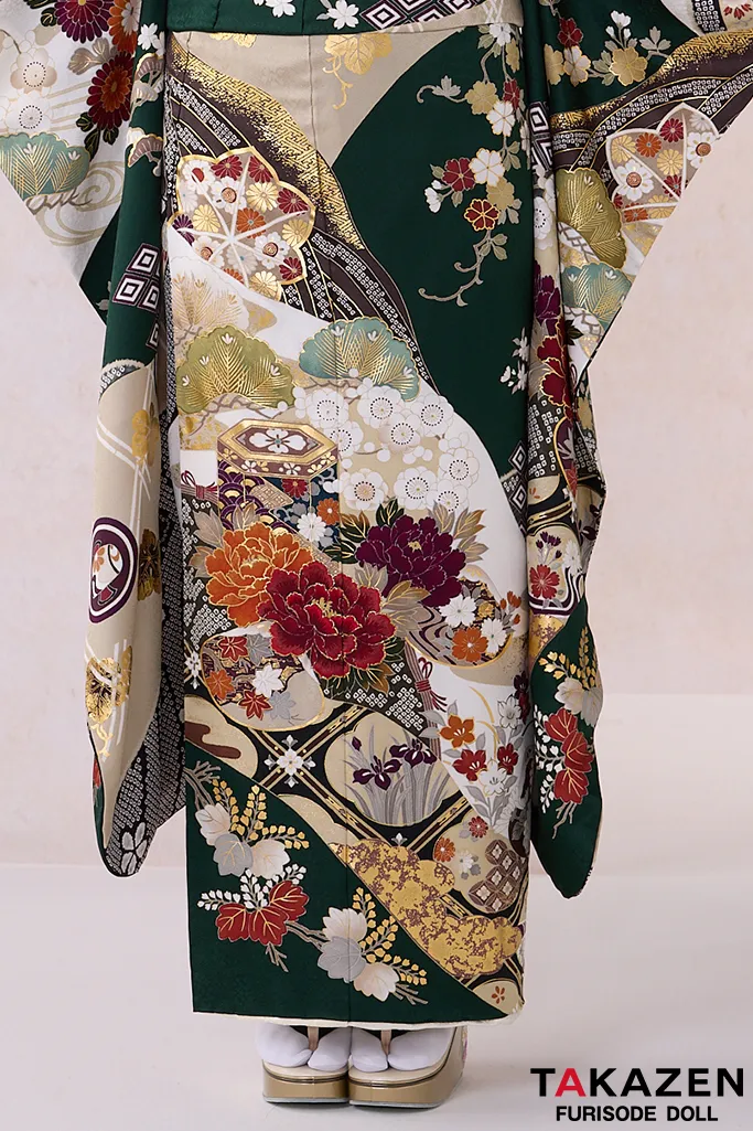 正統派古典 緑 牡丹柄/貝桶柄 金彩金駒刺繍京友禅 おしとやか 綺麗