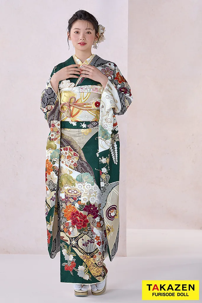 正統派古典 緑 牡丹柄/貝桶柄 金彩金駒刺繍京友禅 おしとやか 綺麗