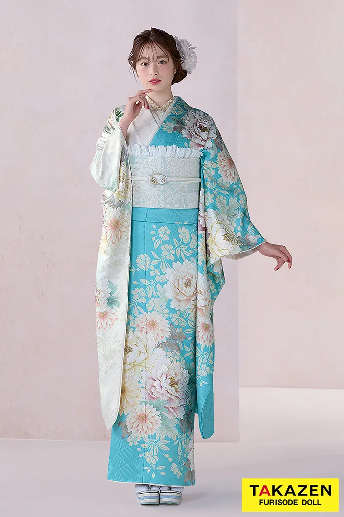 正統派古典 水色/白 牡丹柄/菊柄 かわいい 淡い色 今どき 方身代わり