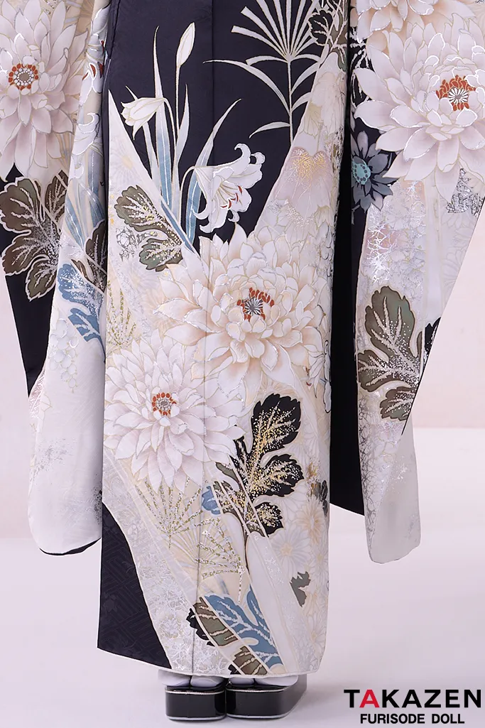 正統派古典 白地/赤 菊柄/百合柄 かっこいい 大人っぽい振袖 上品 天翔