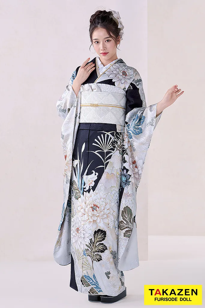 正統派古典 白地/赤 菊柄/百合柄 かっこいい 大人っぽい振袖 上品 天翔