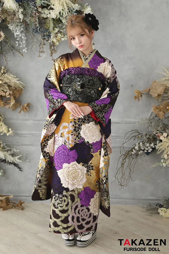 モード からし/紫/黒 薔薇大柄 MURUAブランド 派手 豪華 かっこいい系